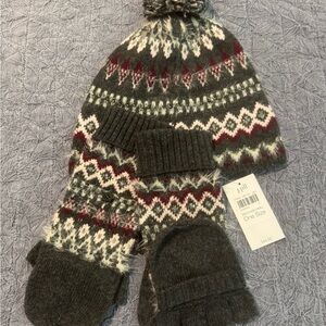 J. Jill Gray and Red Knit Hat and Mittens Set